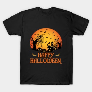 Haunted House Spider Cobweb Bat Crow Moonlit Gourd T-Shirt